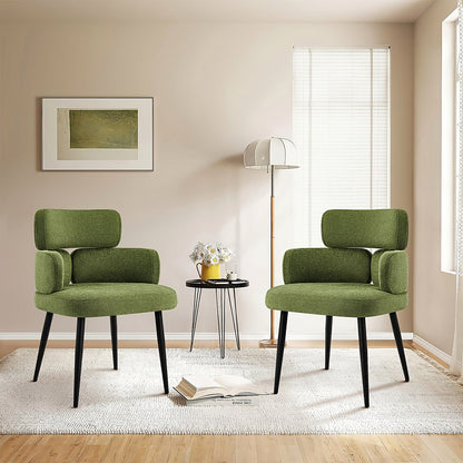 Green chenille accent chair with a segmented padded back and black metal legs