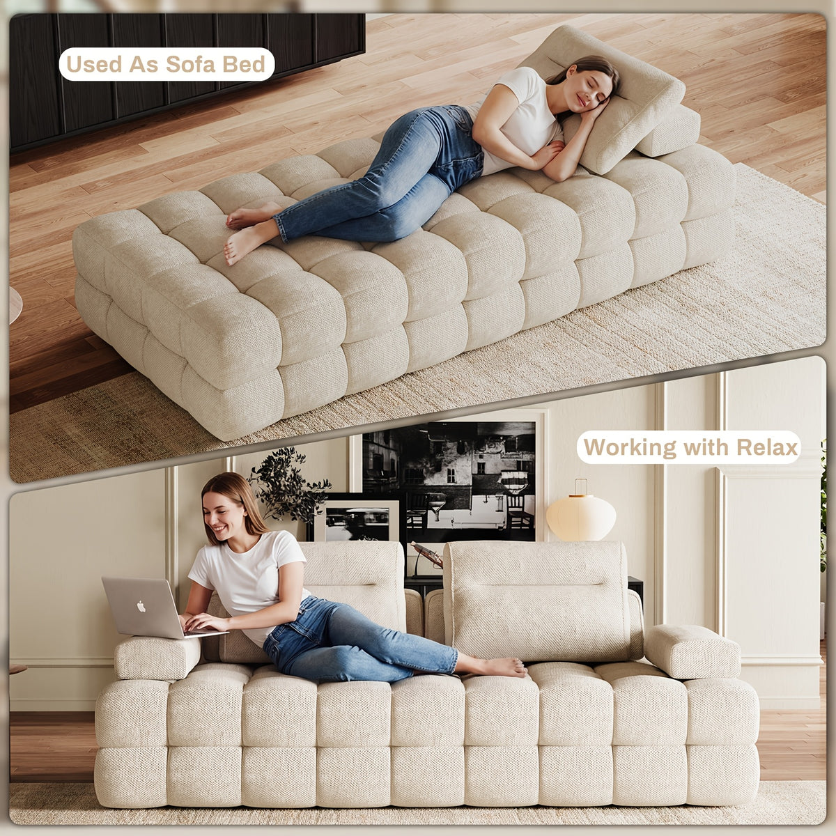 88-Inch Chenille Modular Cloud Loveseat — reclining and seated scale collage