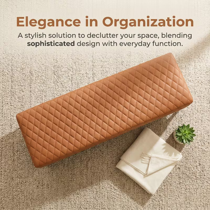 Top view of the brown bench's diamond-quilted surface
