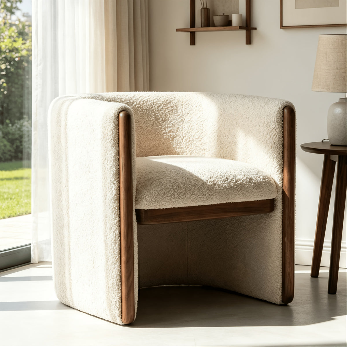 Textured Barrel Chair with Wood Trim — beige front three-quarter view by a window