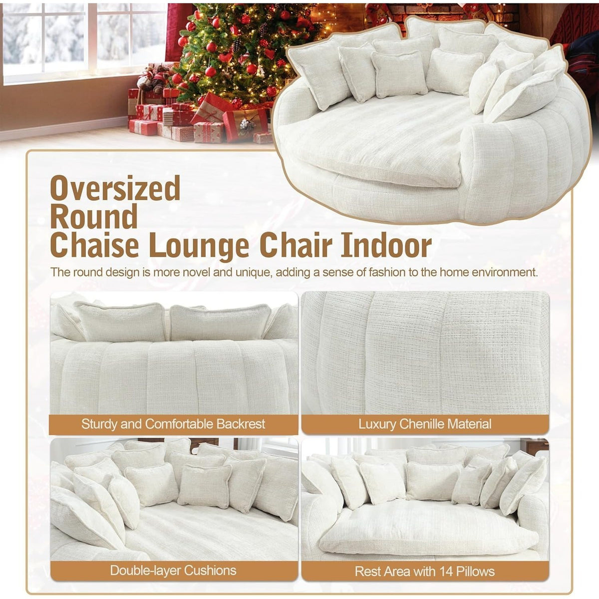 Oversized Round Chenille Lounge Sofa — beige chenille and pillow detail panel.