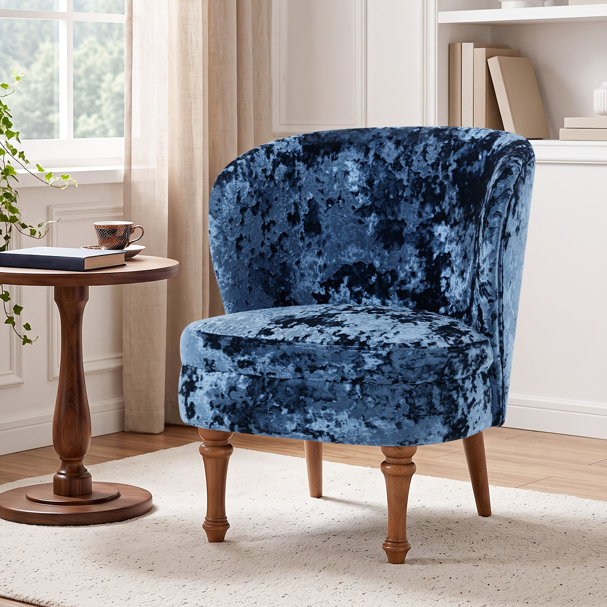 Crushed Velvet Accent Chair with Wood Legs — blue chair beside a window.