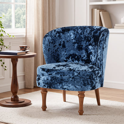 Crushed Velvet Accent Chair with Wood Legs — blue chair beside a window.
