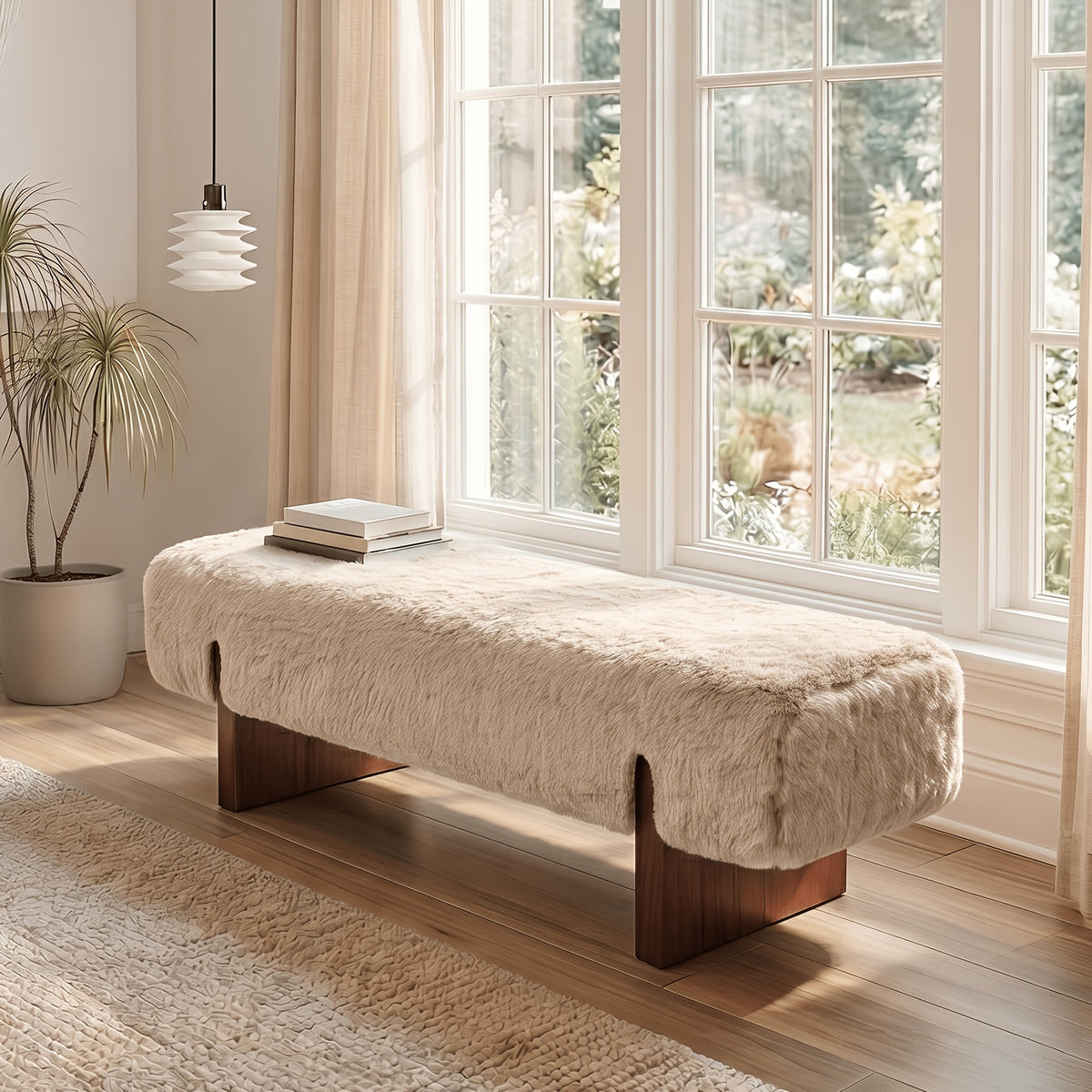 Faux Fur Upholstered Bench with Wood Legs — camel upholstery option.