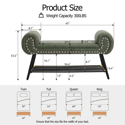 Green rolled arm upholstered shoe bench with a black metal rack and silver tone nailheads — dimension diagram