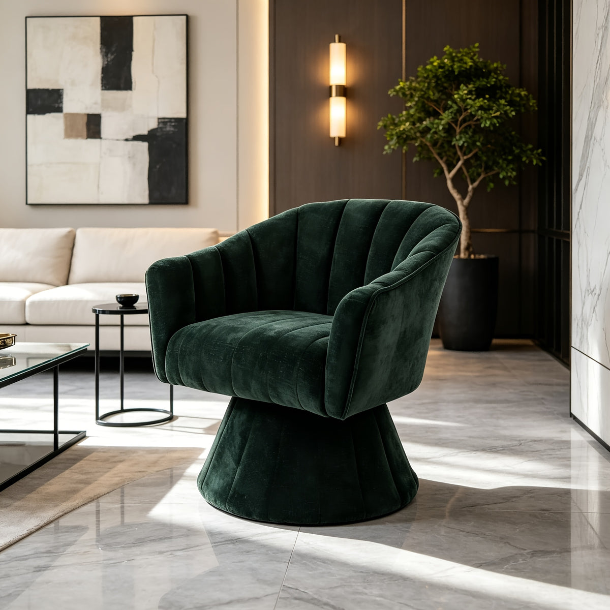 Channel-Tufted Swivel Barrel Chair — dark Green chair in a conversation area