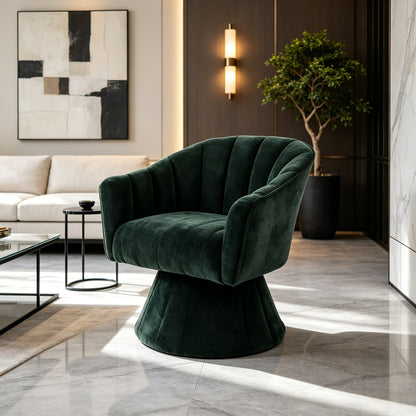 Channel-Tufted Swivel Barrel Chair — dark Green chair in a conversation area