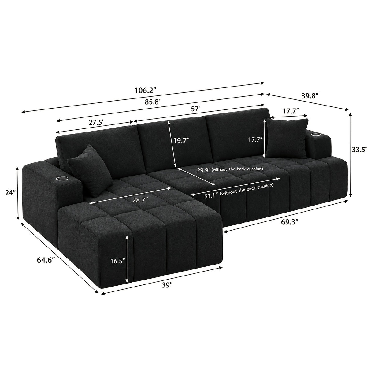 Chenille Modular Sectional with Cup Holders — l-shaped overall and seat dimensions diagram