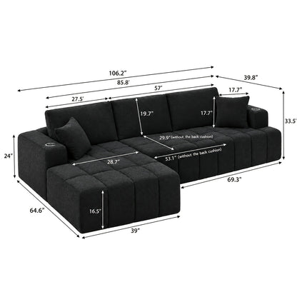 Chenille Modular Sectional with Cup Holders — l-shaped overall and seat dimensions diagram