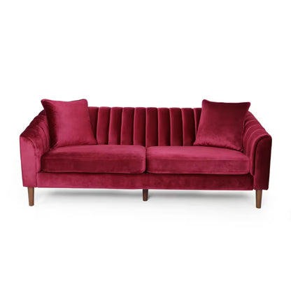 Wine Red Channel-Tufted Sofa — front product view on white.