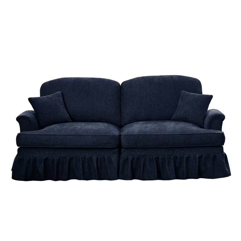 Navy Chenille Loveseat with Ruffled Skirt — front product view with skirt.