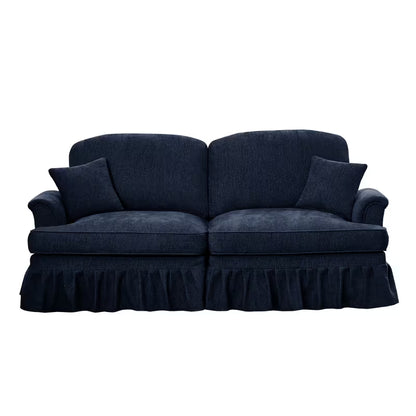 Navy Chenille Loveseat with Ruffled Skirt — front product view with skirt.