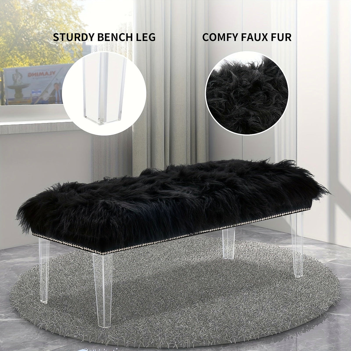 Black faux-fur upholstery above clear acrylic legs