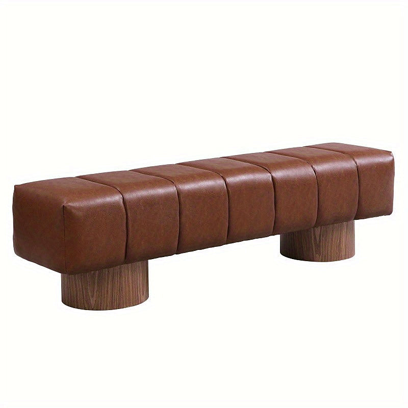 Angled view of the brown faux-leather bench with rounded seat ends