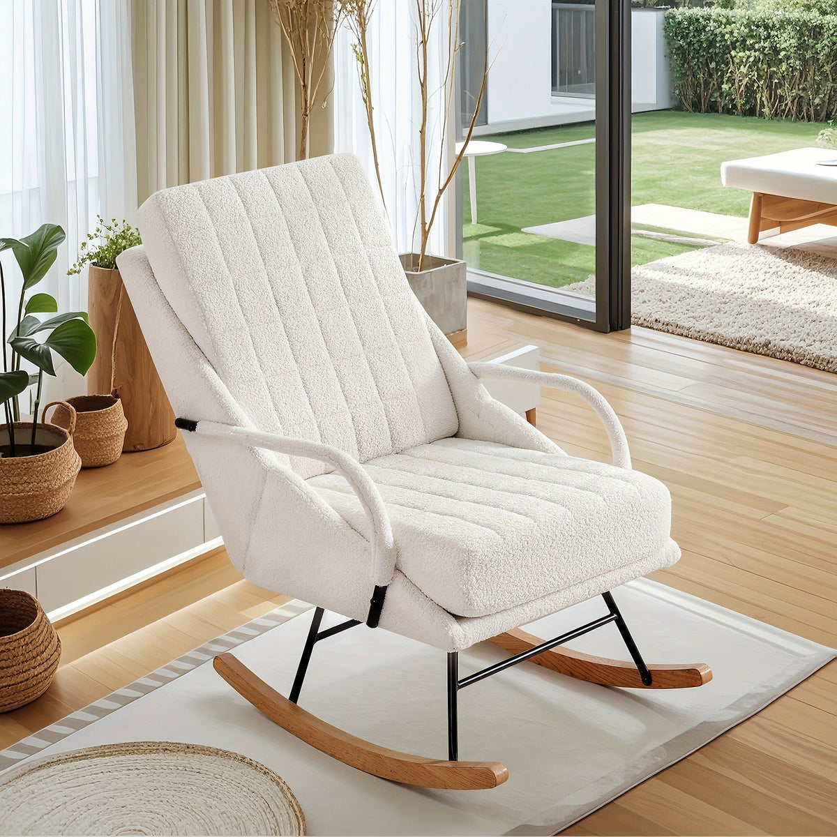 White high back grid stitched rocking chair with wood runners and a black metal support frame