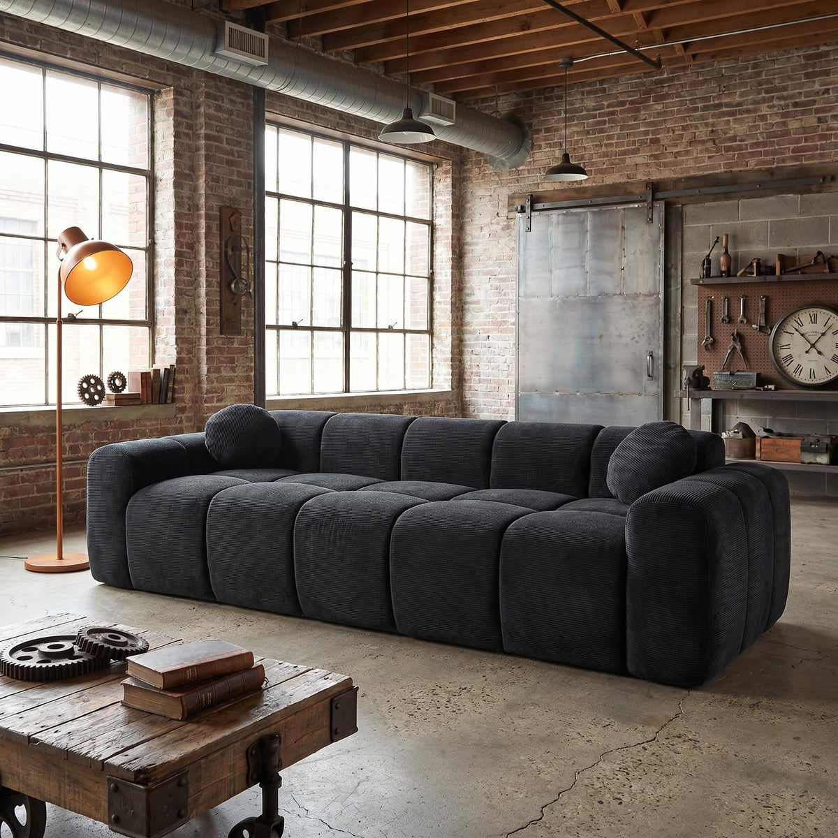 98-Inch Corduroy Low-Profile Sofa — black front three-quarter view in a room