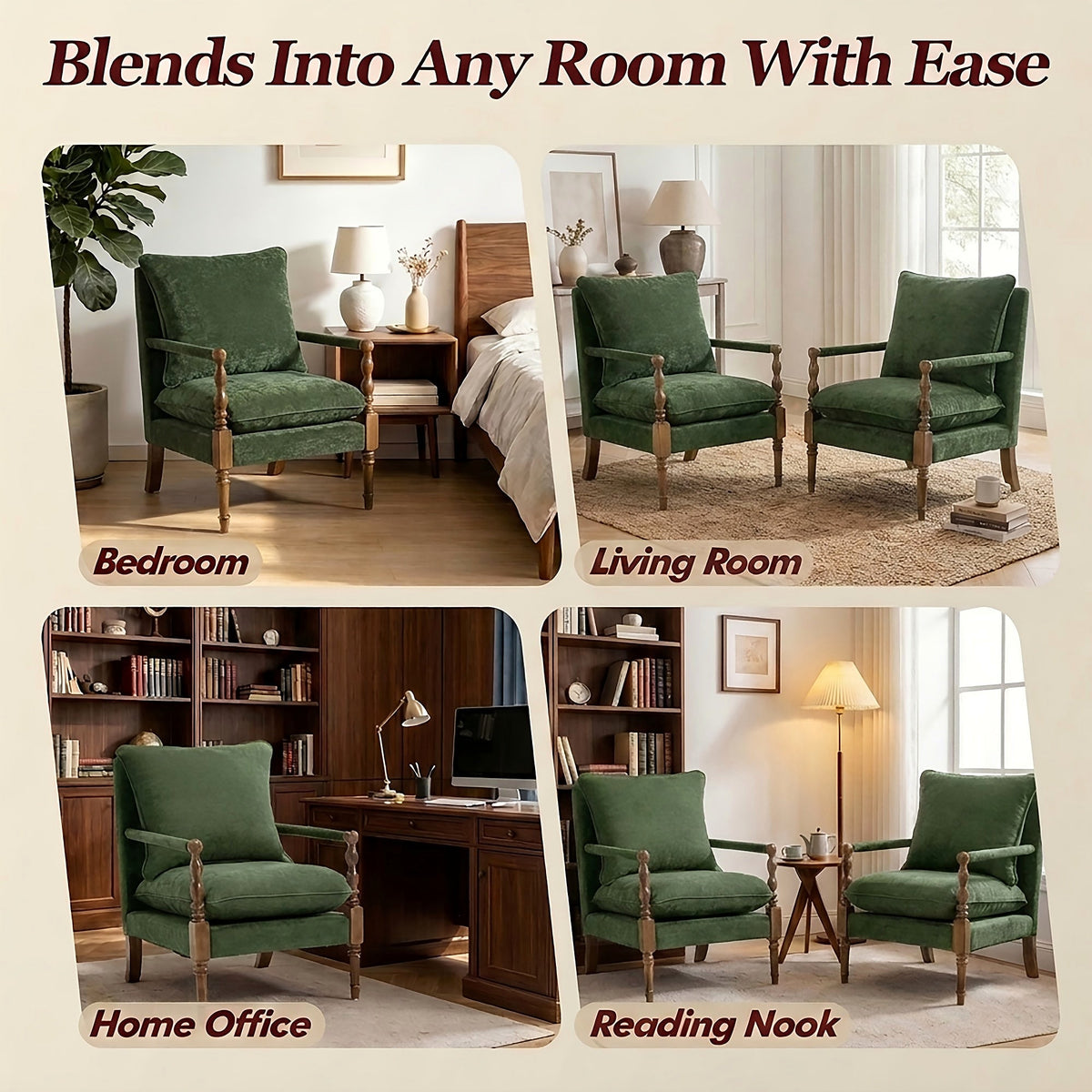 Green upholstered accent chair with turned wood front posts — room styling examples