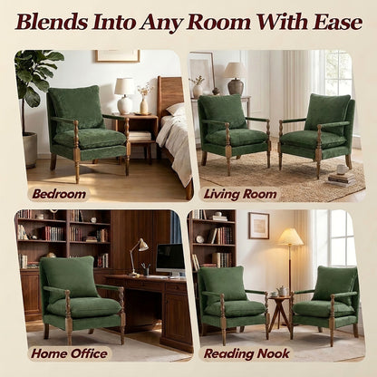 Green upholstered accent chair with turned wood front posts — room styling examples