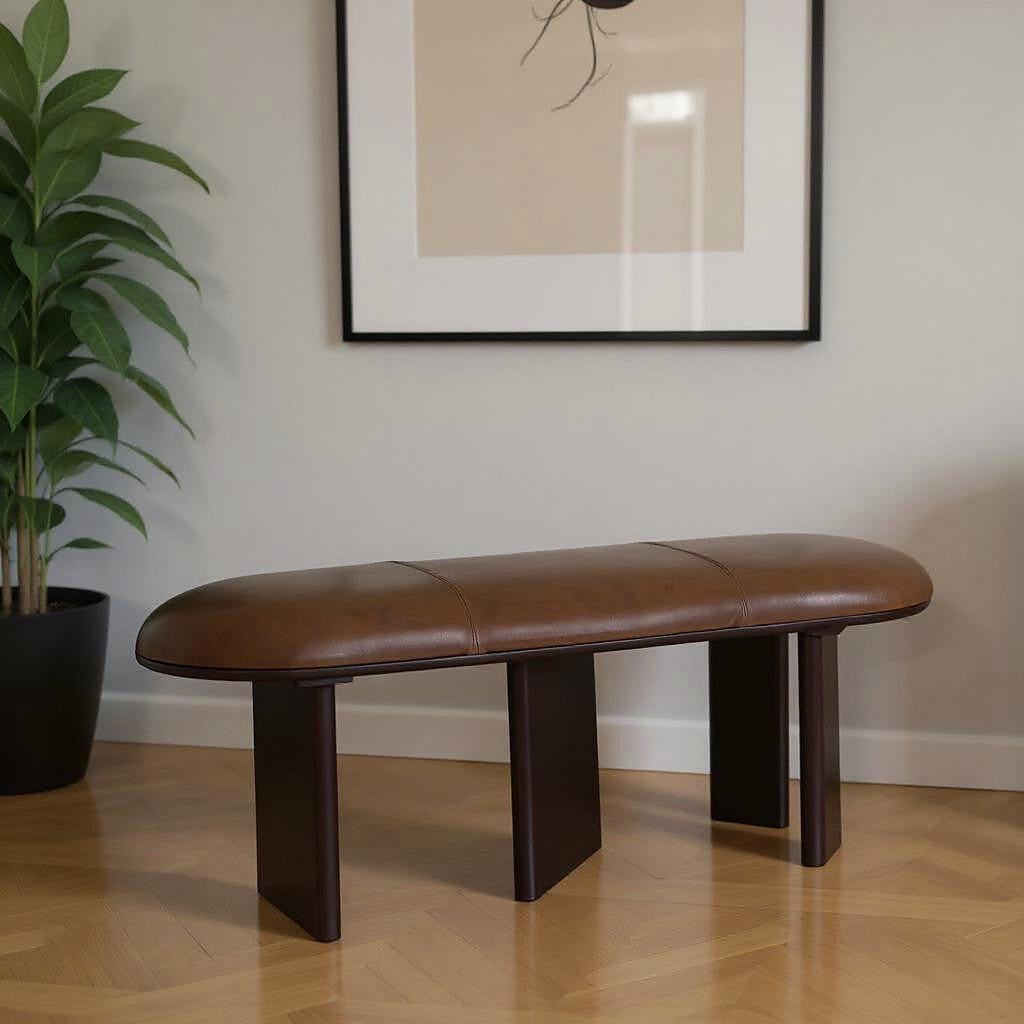 Brown Upholstered Bench with Panel-Leg Base