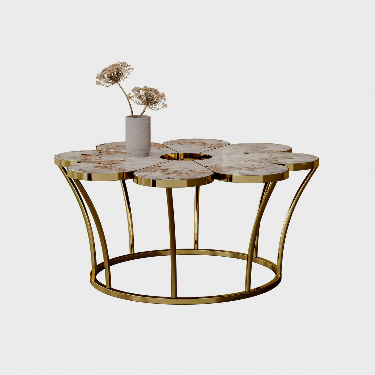 Studio view of the flower-shaped coffee table and gold-tone circular base