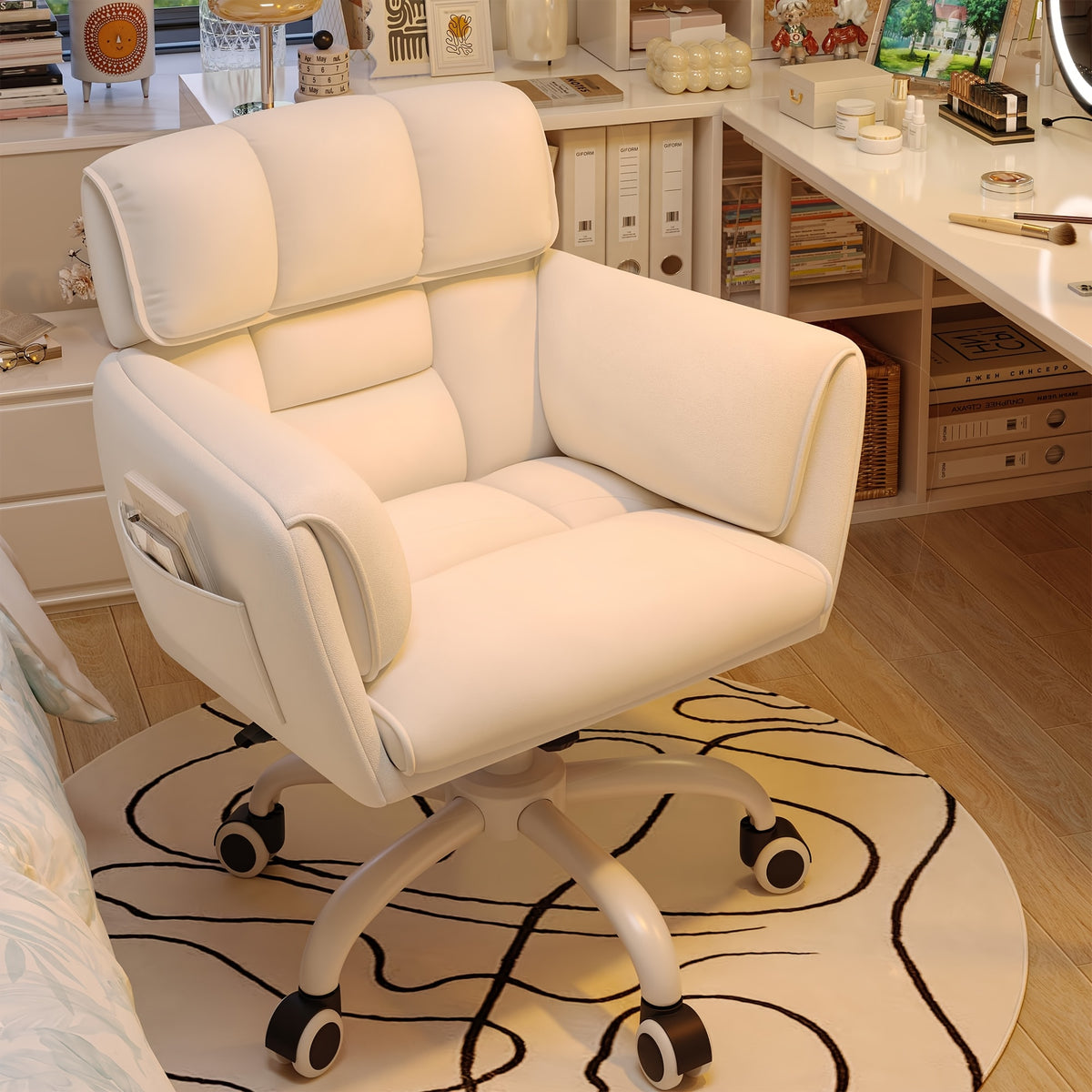 Cream swivel desk chair at a vanity