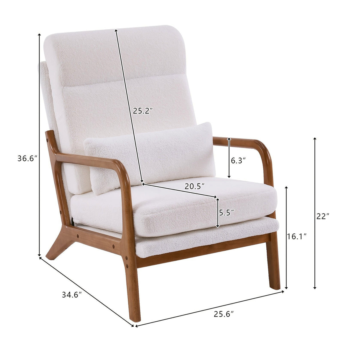 White high back upholstered lounge chair with a warm wood frame