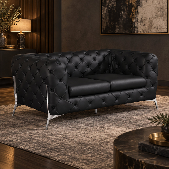 Marcello Black Top-Grain Italian Leather Tufted Loveseat