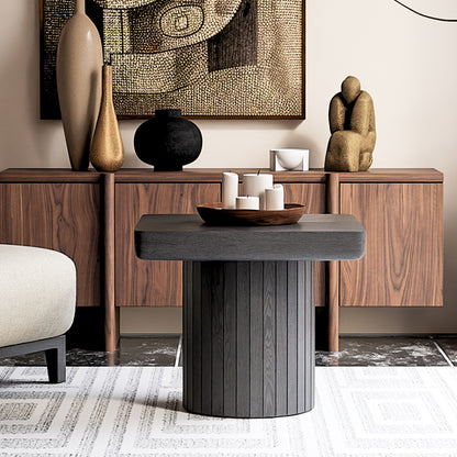 23.6-Inch Contemporary Square Side Table Featuring Solid Wood Veneer And a Parquet Design, a Minimalist Accent Table with a Grooved Cylindrical Base Suitable for The Living Room Or Bedroom in a Matte Black End
