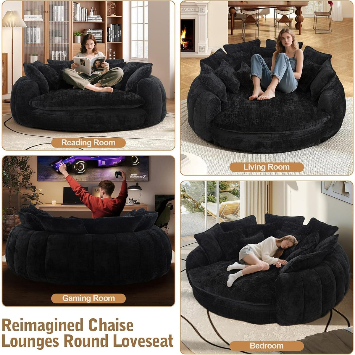 Oversized Round Chenille Lounge Sofa — black sofa room-use examples.