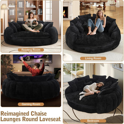 Oversized Round Chenille Lounge Sofa — black sofa room-use examples.