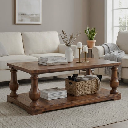 Walnut-tone coffee table with books and basket on its shelf
