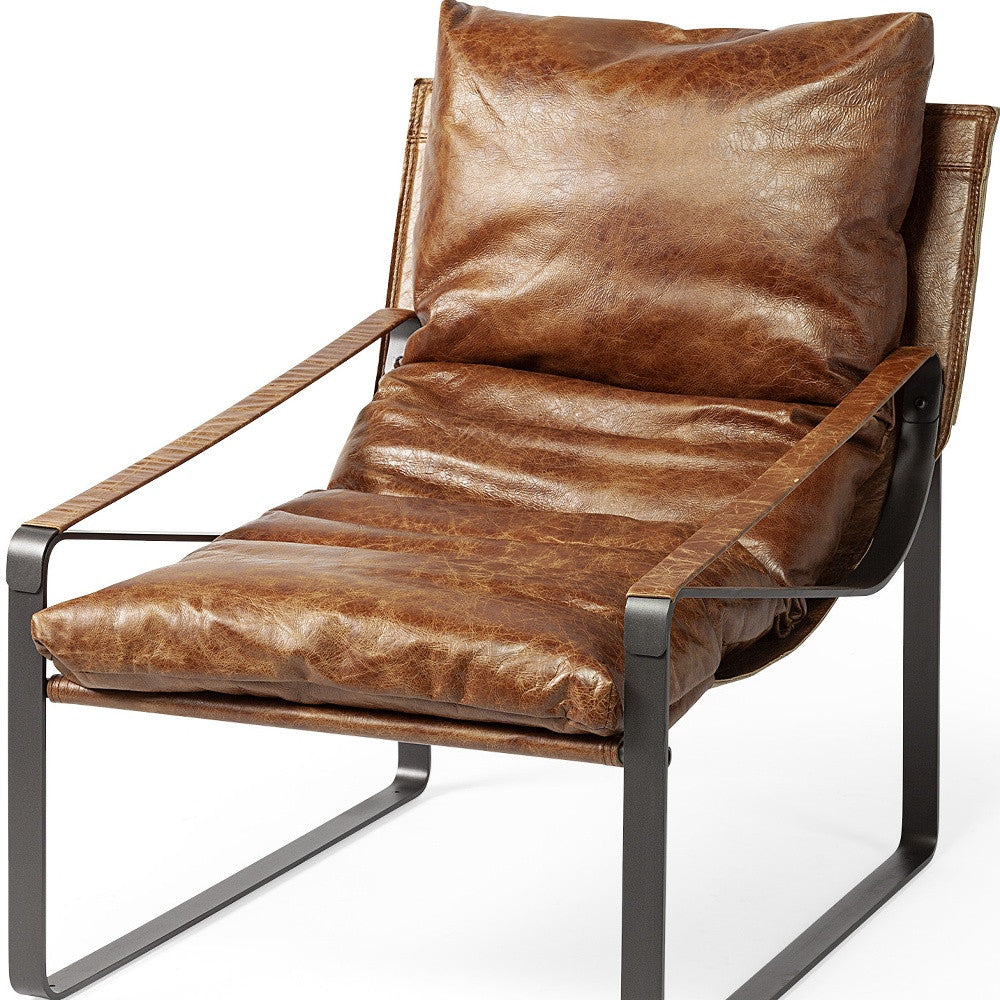 Brown Leather Unibody Seat Accent Chair With Black Metal Frame - 380628