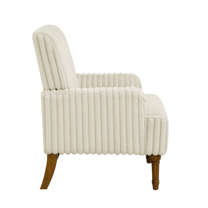 Wide-Wale Corduroy Accent Chair with Wood Legs — side view of the beige chair