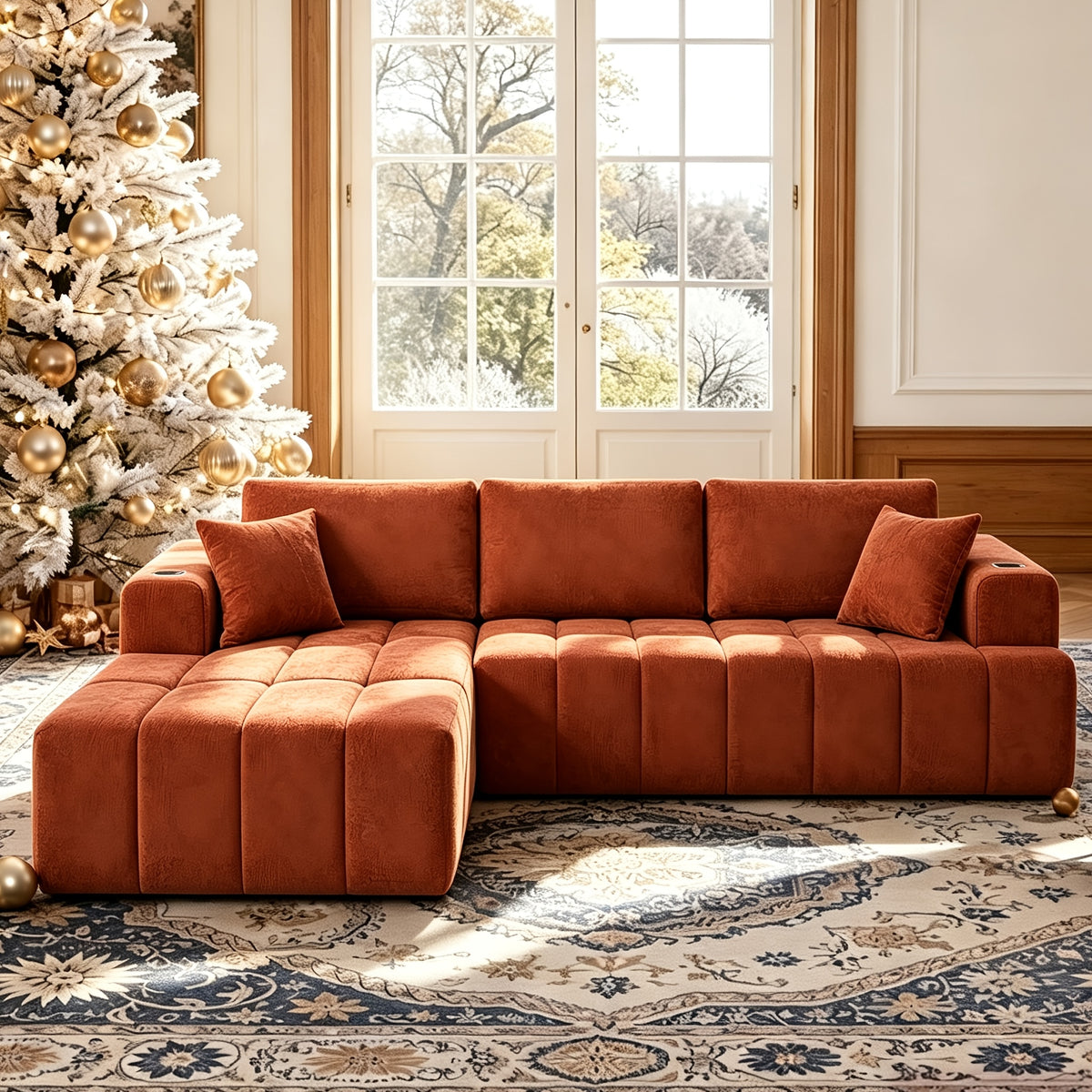 Chenille Modular Sectional with Cup Holders — orange L-shaped left-chaise layout