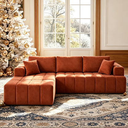 Chenille Modular Sectional with Cup Holders — orange L-shaped left-chaise layout