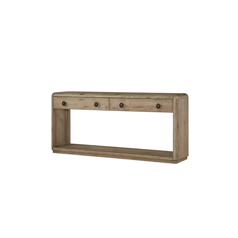 Angled view of the two-drawer oak console with an open lower shelf