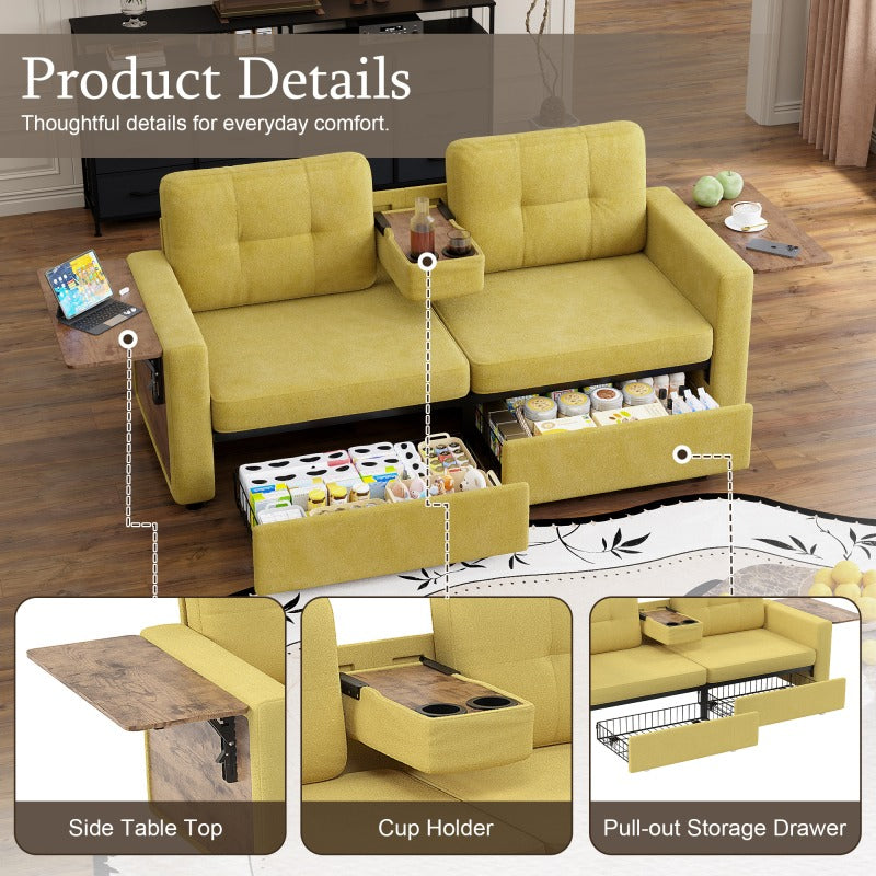 Chenille Storage Loveseat with Side Tables — side table, cup holder and drawer detail panel.