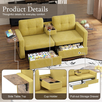 Chenille Storage Loveseat with Side Tables — side table, cup holder and drawer detail panel.