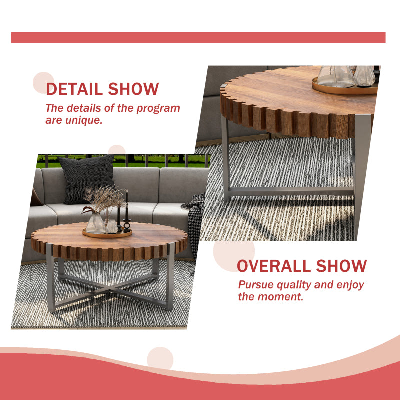 Supplier collage with room and side views of round coffee table