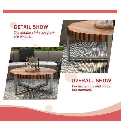 Supplier collage with room and side views of round coffee table