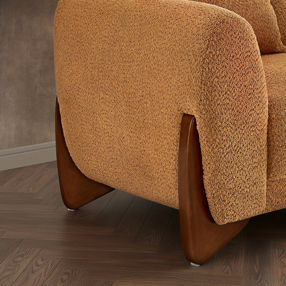 Morden Fort Boucle Sofa and Accent Chair Set — sofa arm and wood leg detail.