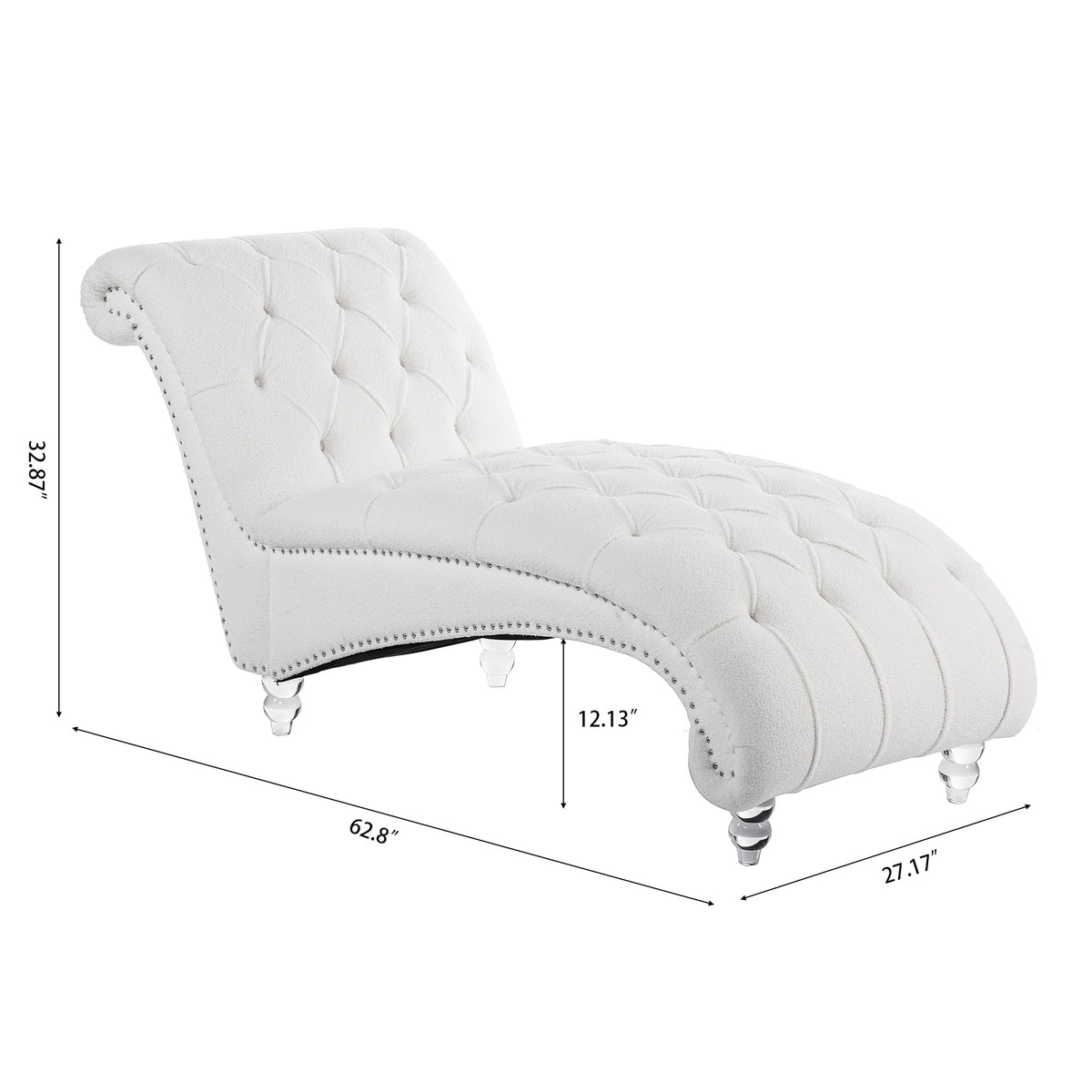 Tufted Chaise Lounge with Clear Legs — supplier dimension diagram.