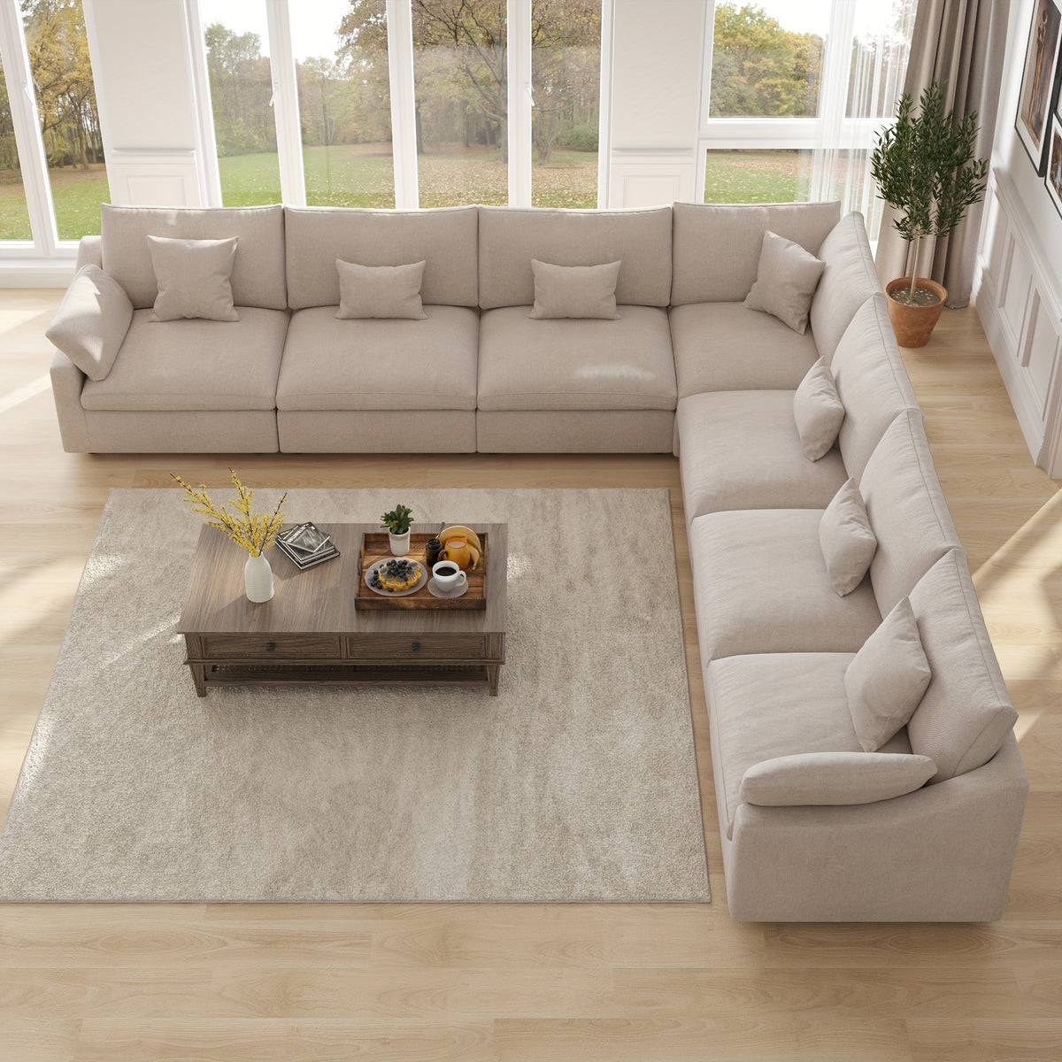 155-Inch Chenille L-Shaped Modular Sectional — khaki overhead L-shaped layout