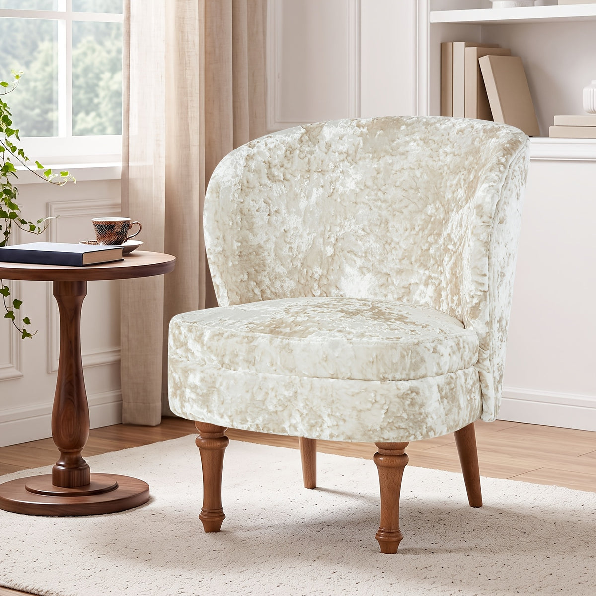 Crushed Velvet Accent Chair with Wood Legs — white chair beside a window.