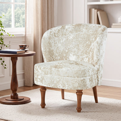 Crushed Velvet Accent Chair with Wood Legs — white chair beside a window.