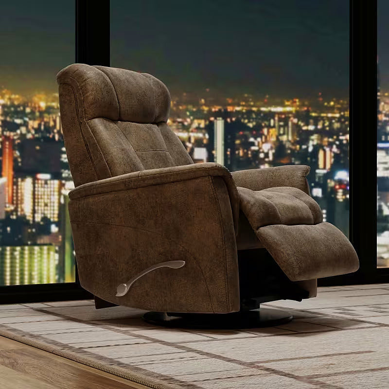 Texas Slate swivel glider recliner in textured brown gray upholstery — extended footrest detail