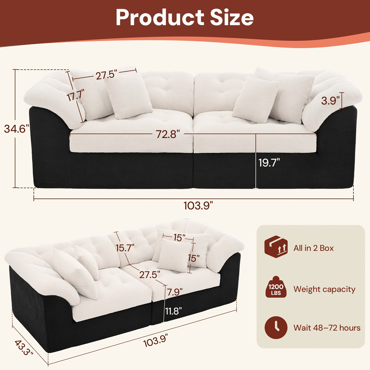 Contrast Modular Cloud Sofa — supplier dimension and unpacking diagram.