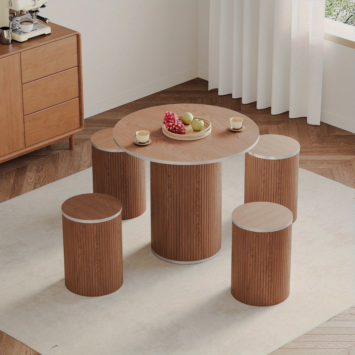 Brown table with four stools