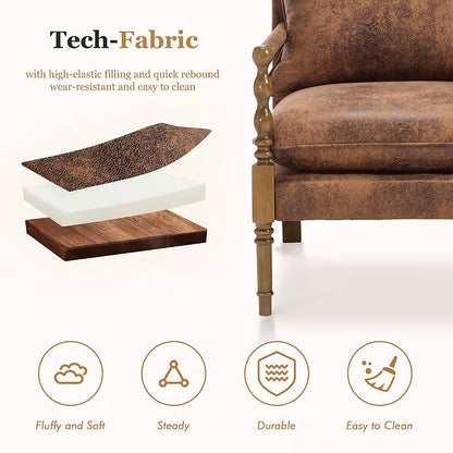 Coffee brown upholstered accent chair with turned wood front posts