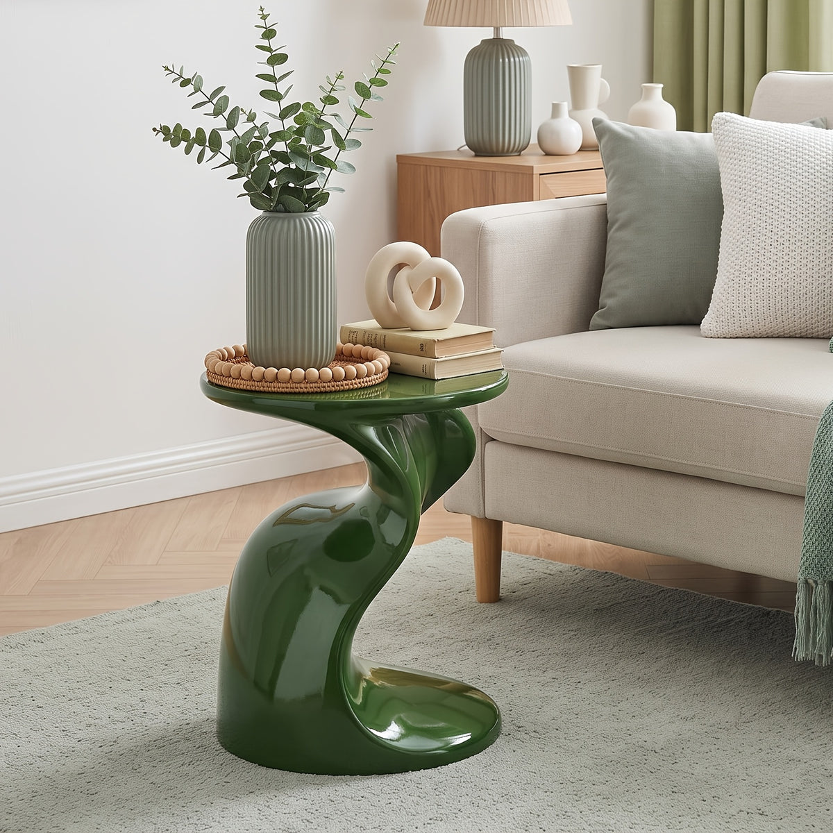 High Glossy Side Table, End Table, S-Shaped Base Fashion Design, Modern Nightstand, Accent Table, for Small Spaces, with 18" High Base, for Living Room Office Apartment, No Assembly, Blue/Green/Pink - Green